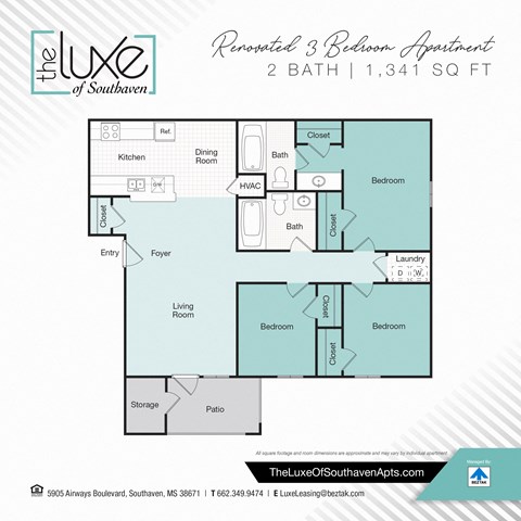 Floor plan for 3 beds, 2 baths, 1341 sqft